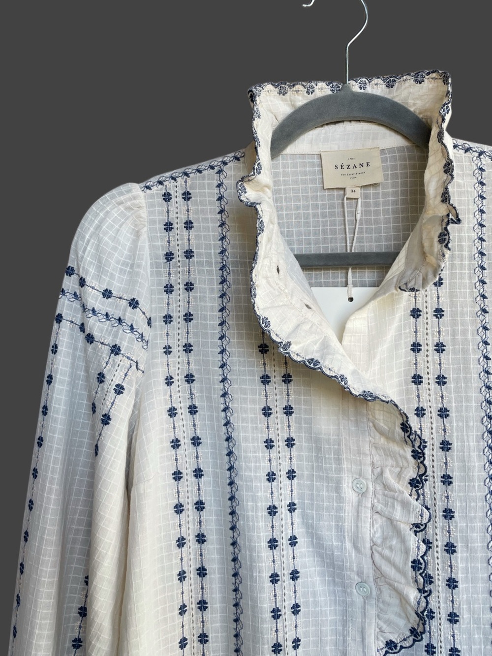 SEZANE NWT White Blue Cream Floral Embroidered Ruffle Button Down Chlo Shirt Top - Picture 13 of 17